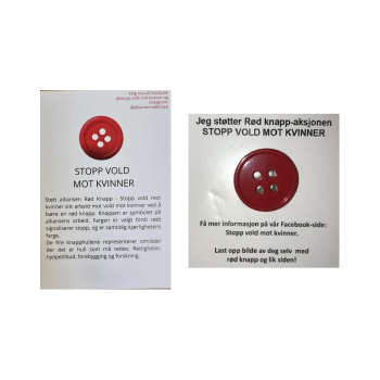 Rød knapp og brosjyre "Stopp vold mot kvinner - 50pk